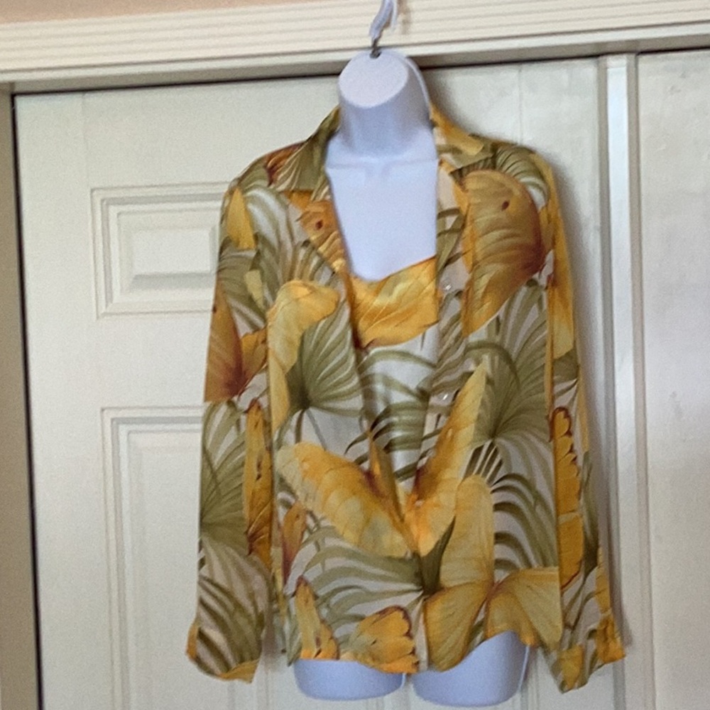 Tommy Bahama 
Tropical Leaf Print Blouse and camisole
100% silk